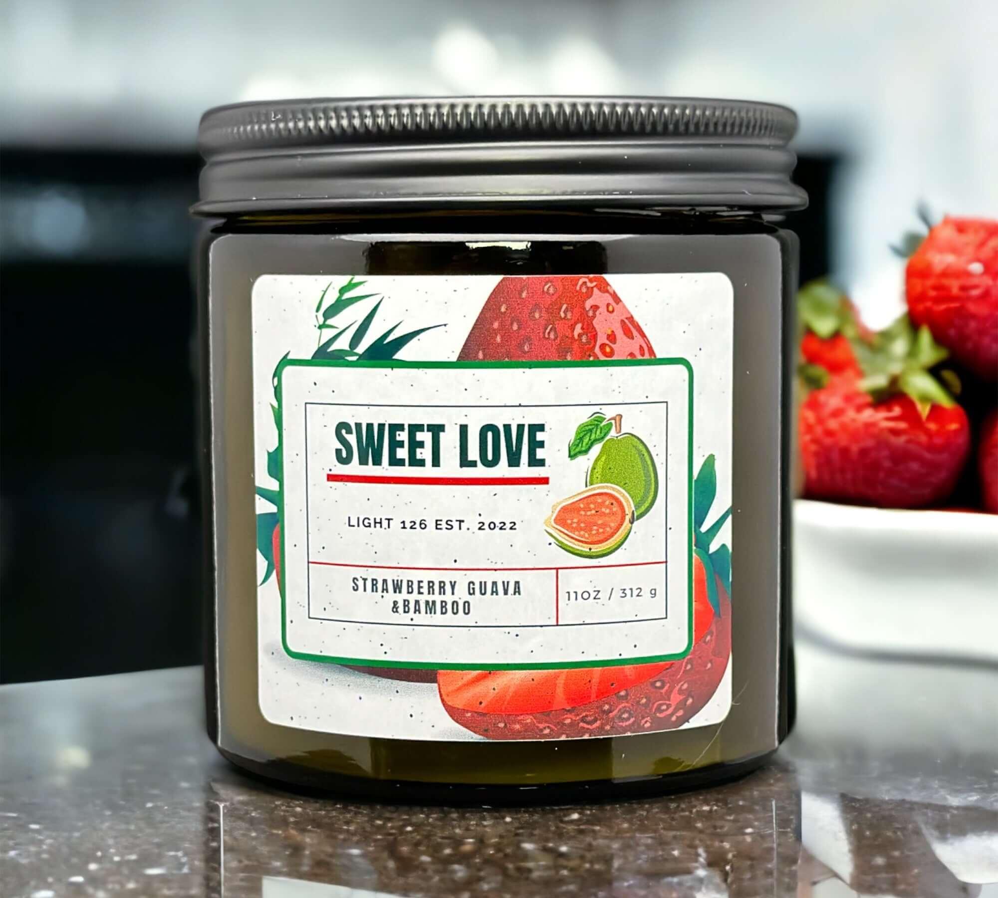 Light126 Candle Co. Strawberry Guava and Bamboo Candle.