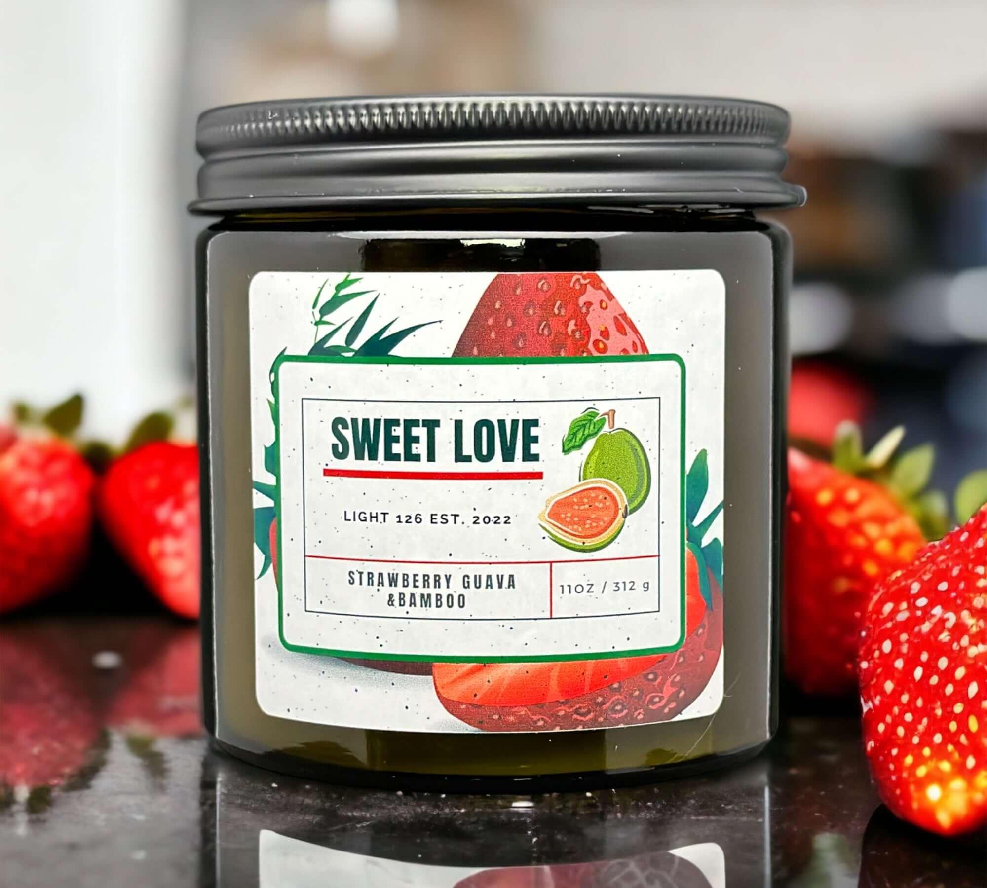 Light126 Candle Co. Strawberry Guava and Bamboo Candle.