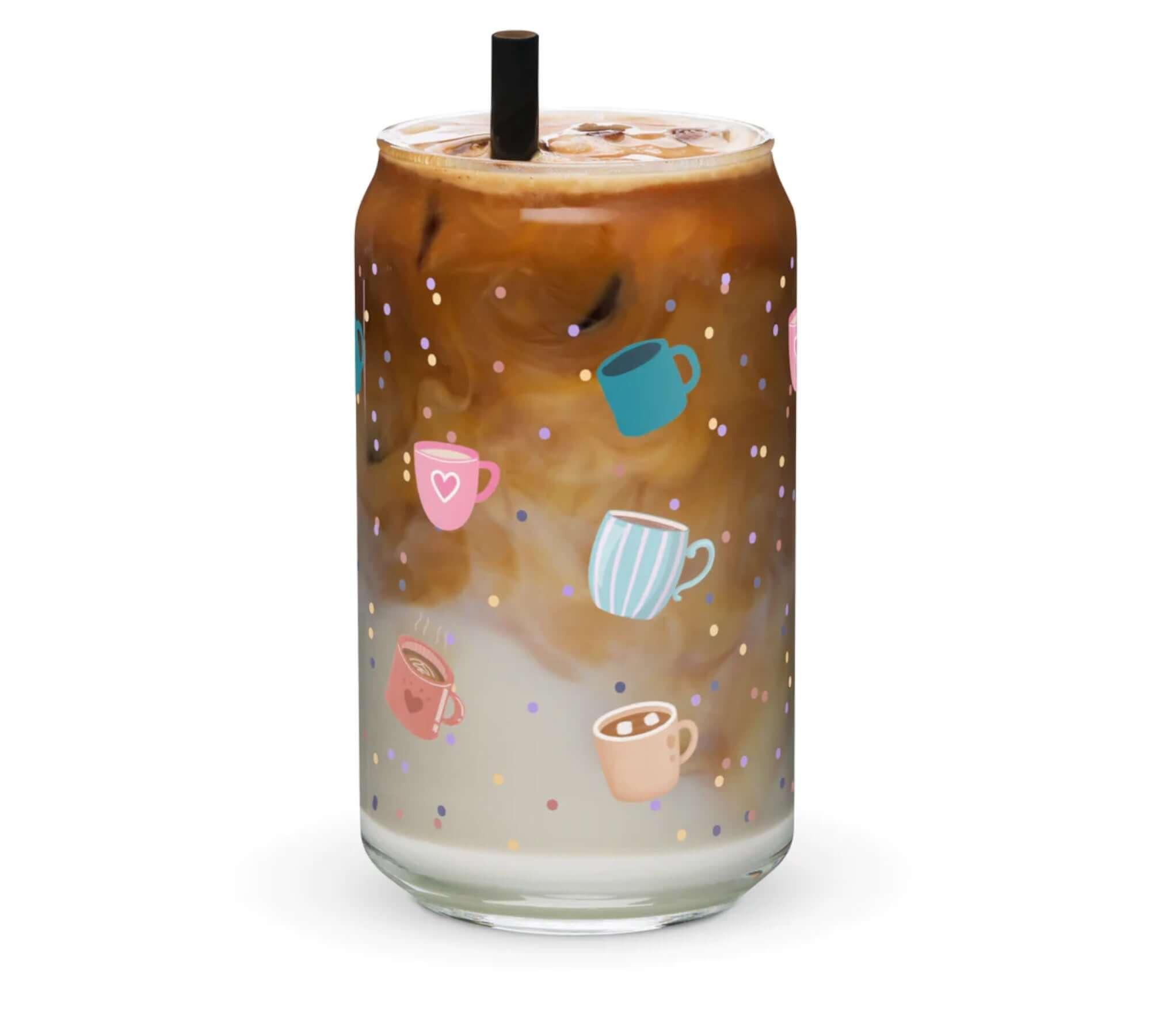 12.oz drinking glass decorated with mini coffee mugs