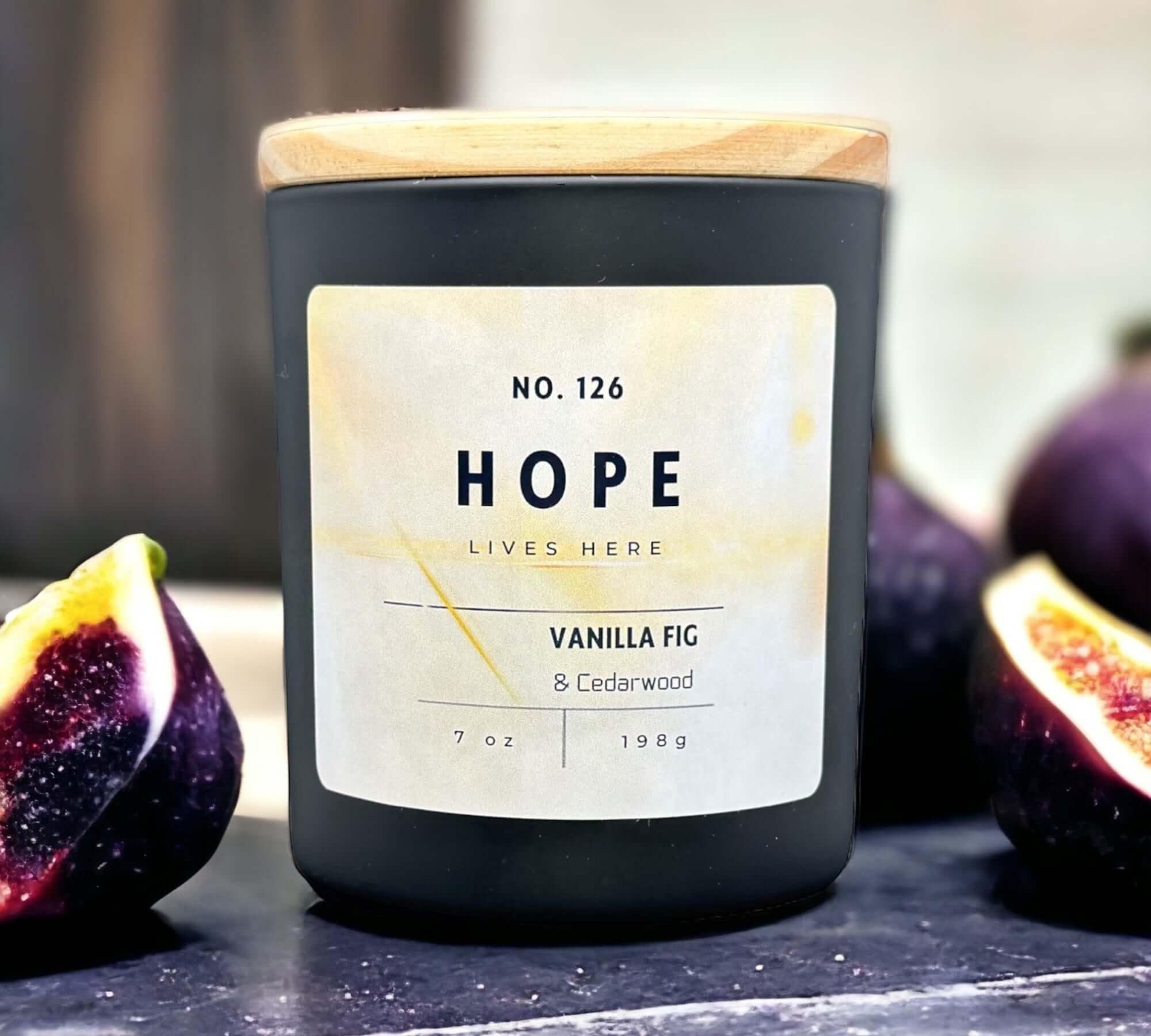 Hope lives here candle. Vanilla, fig and cedarwood candle