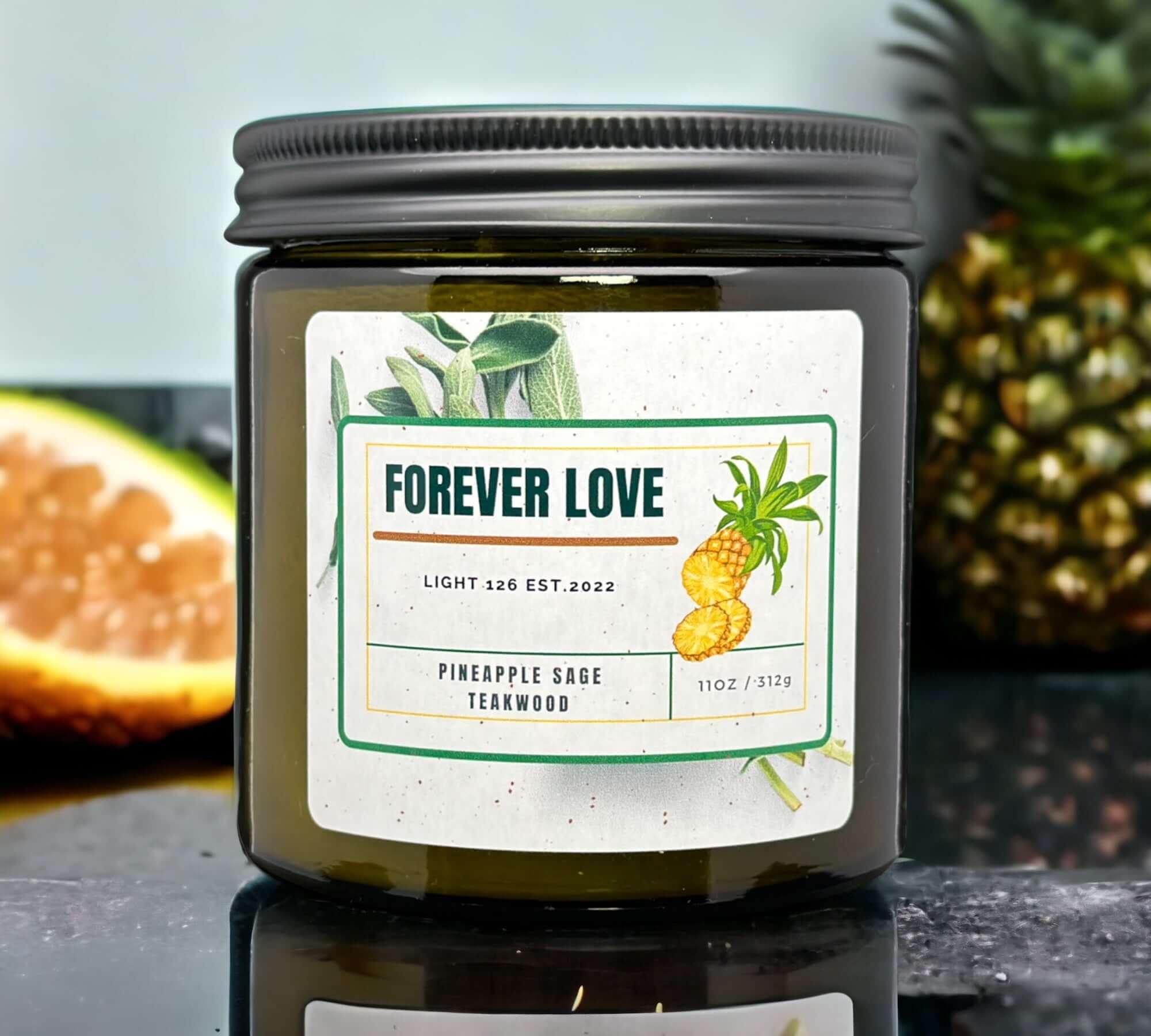 Forever Love candle. Pineapple sage and Teakwood fragrance