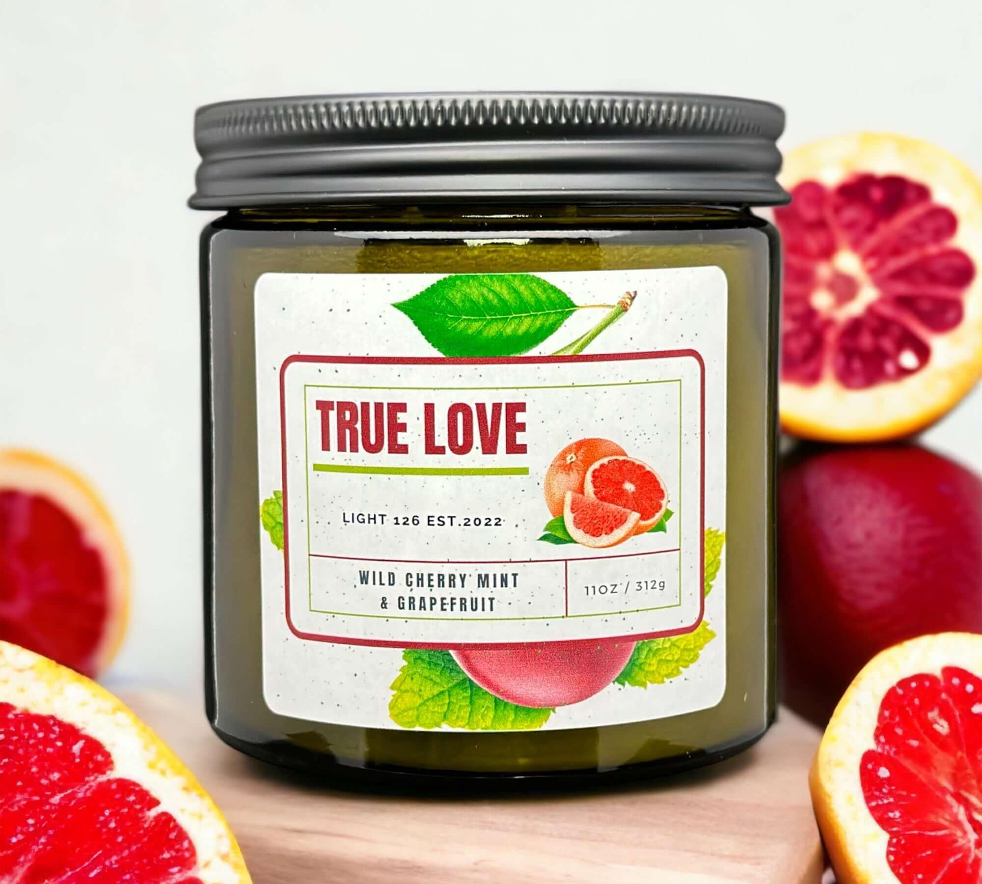 True love candle. Wild cherry, mint and grapefruit candle.