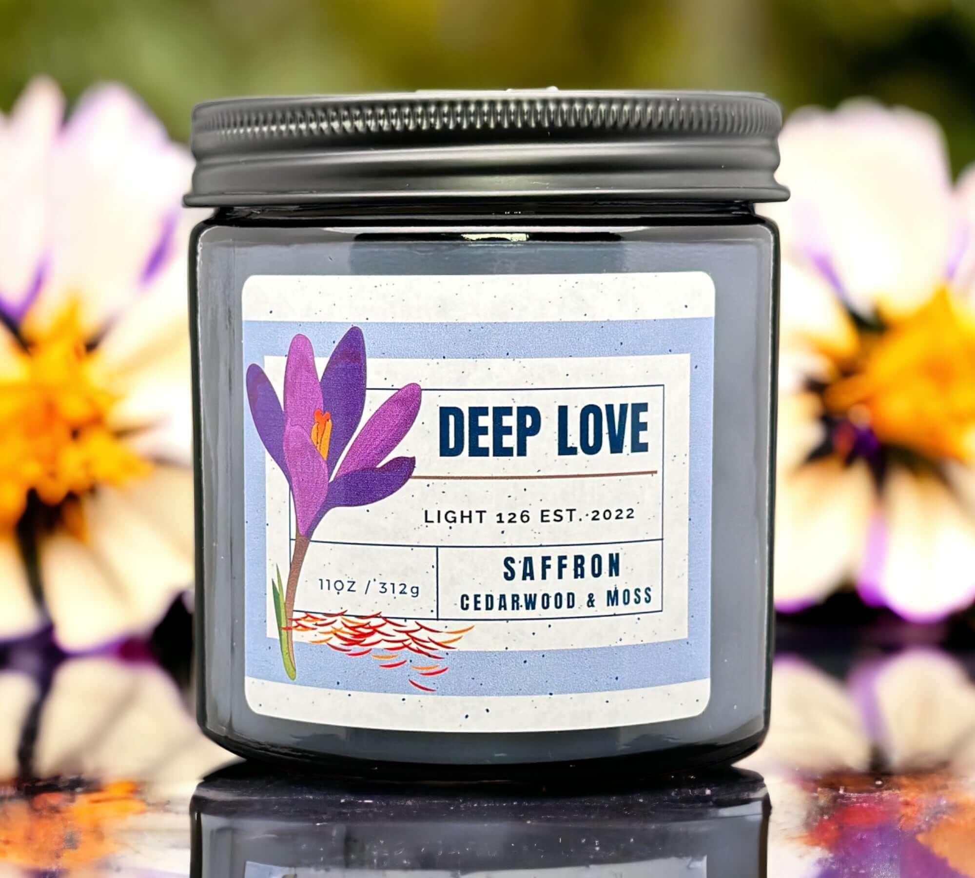 Deep Love scented candle. Saffron cedarwood and moss fragrance.