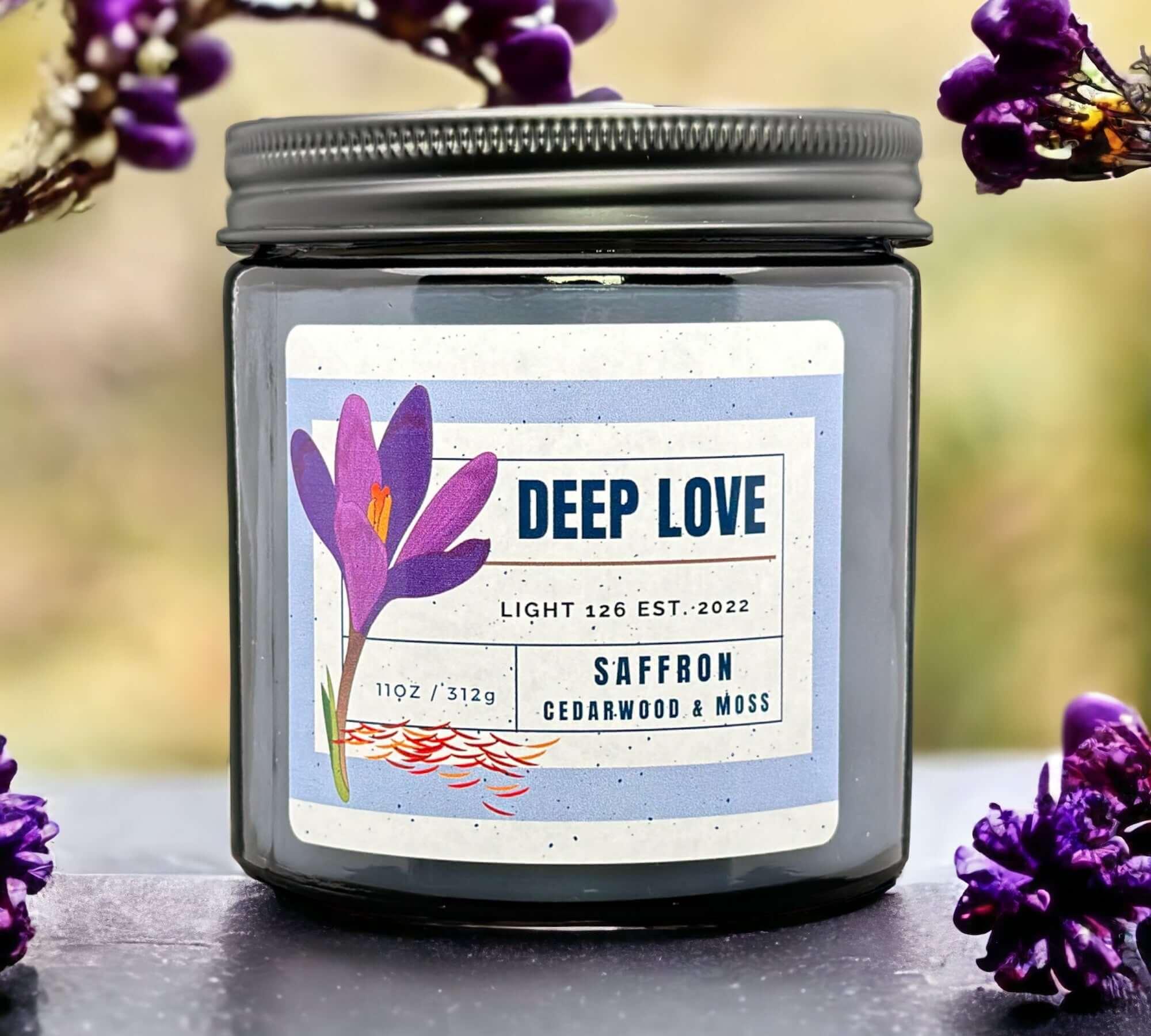 Deep Love scented candle. Saffron cedarwood and moss fragrance.