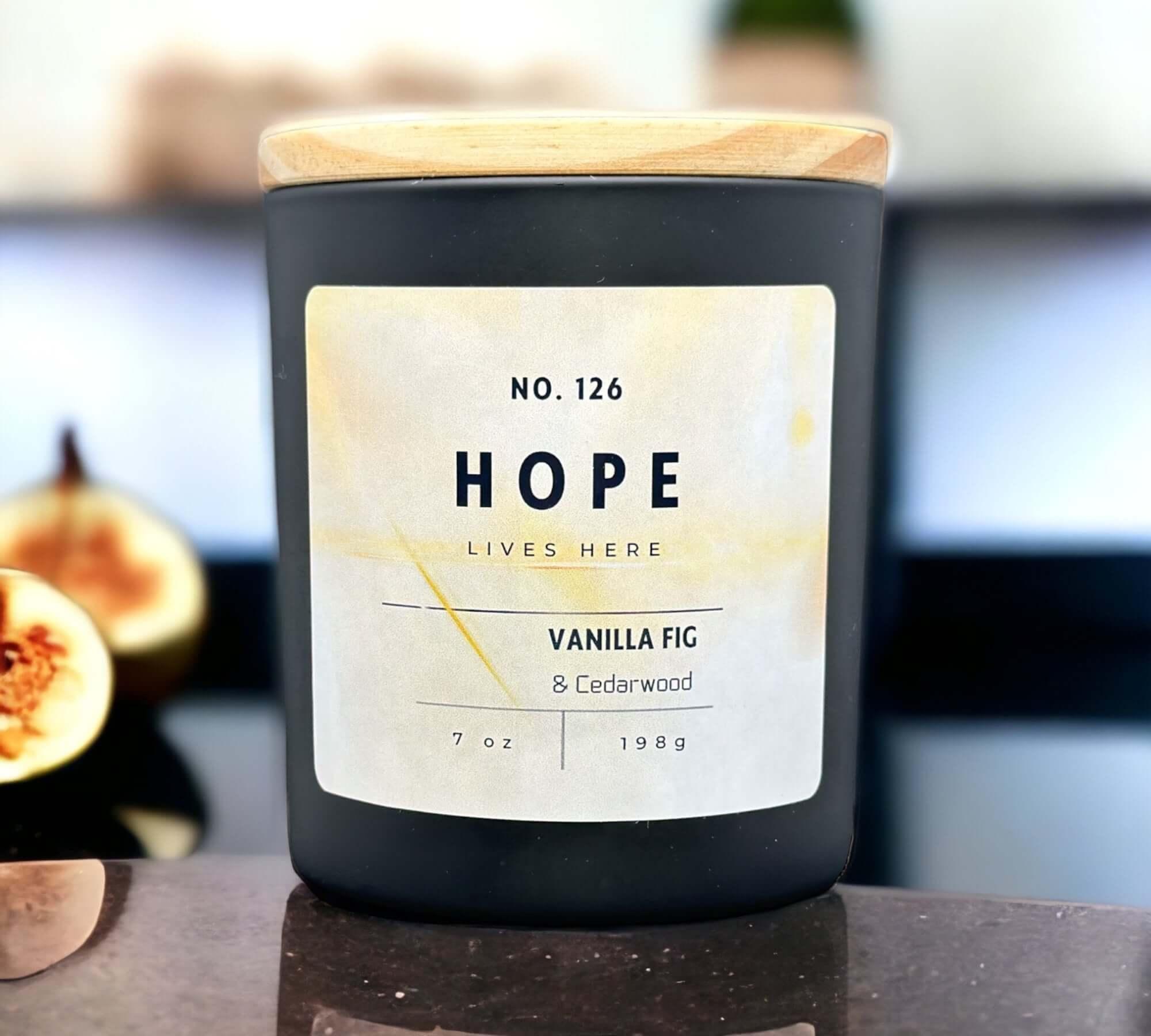 Hope lives here candle. Vanilla, fig and cedarwood candle