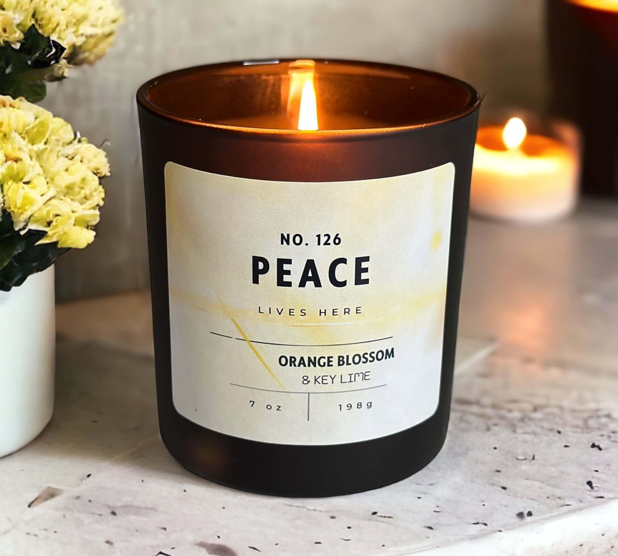 Peace lives here candle. Orange blossom and key lime candle