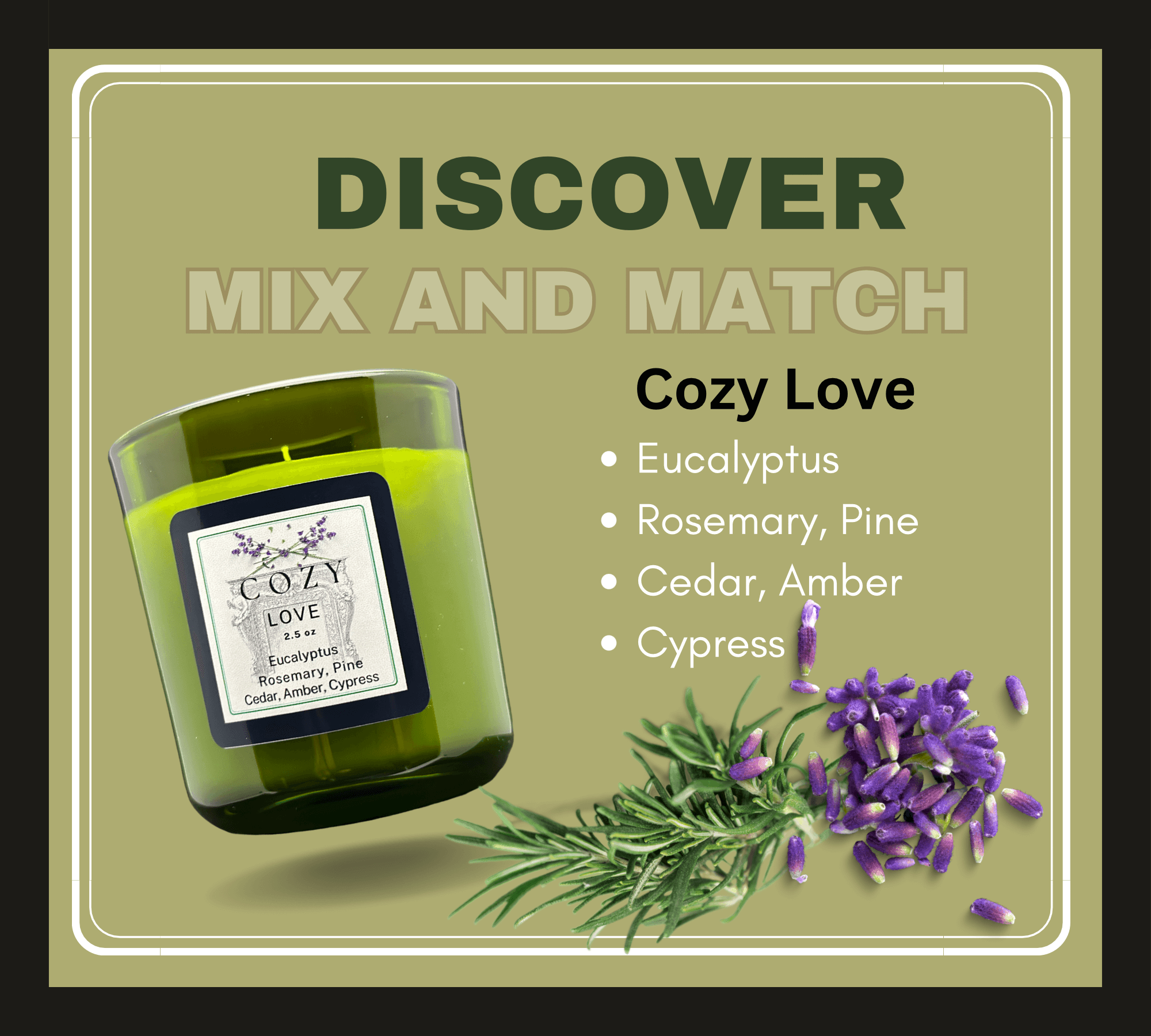 Cozy Love candle. Rosemary and lavender. Fragrance discovery set.